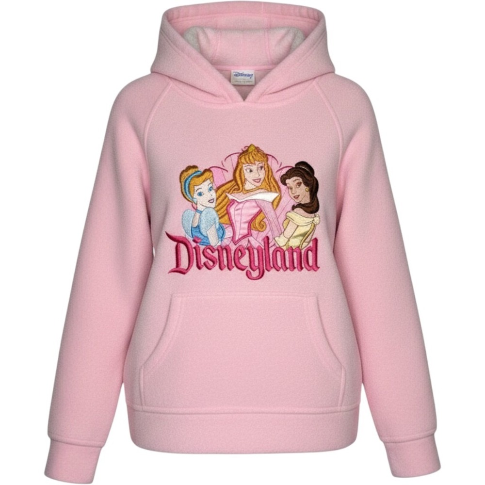 Disney Land Embroidered Princess Fleece Hoodie Sweatshirt Pastel Pink Fuzzy Cozy